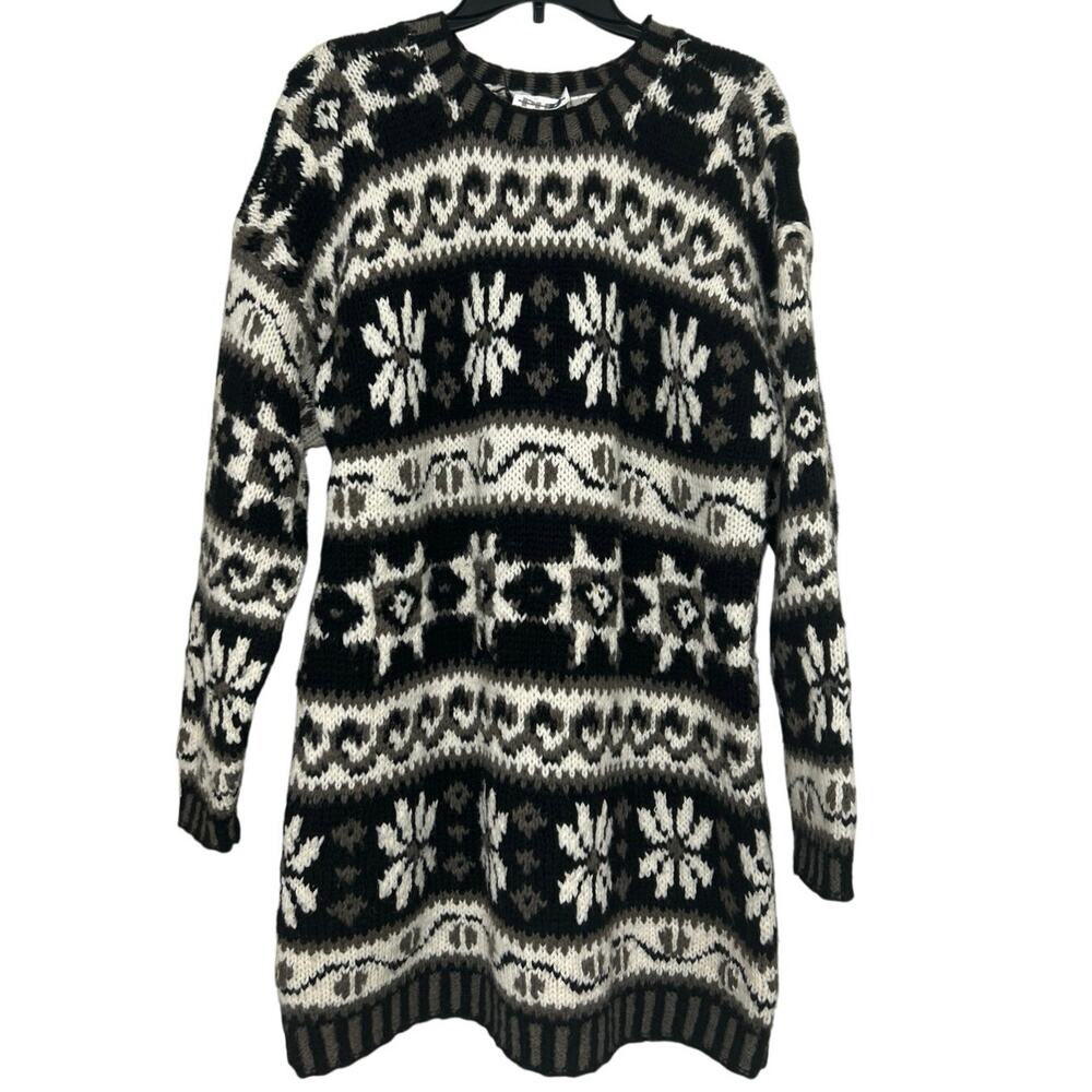 Vintage 90s Nordic Fair Isle Wool Blend Longline Sweater Thick Chunky Knit Lrg